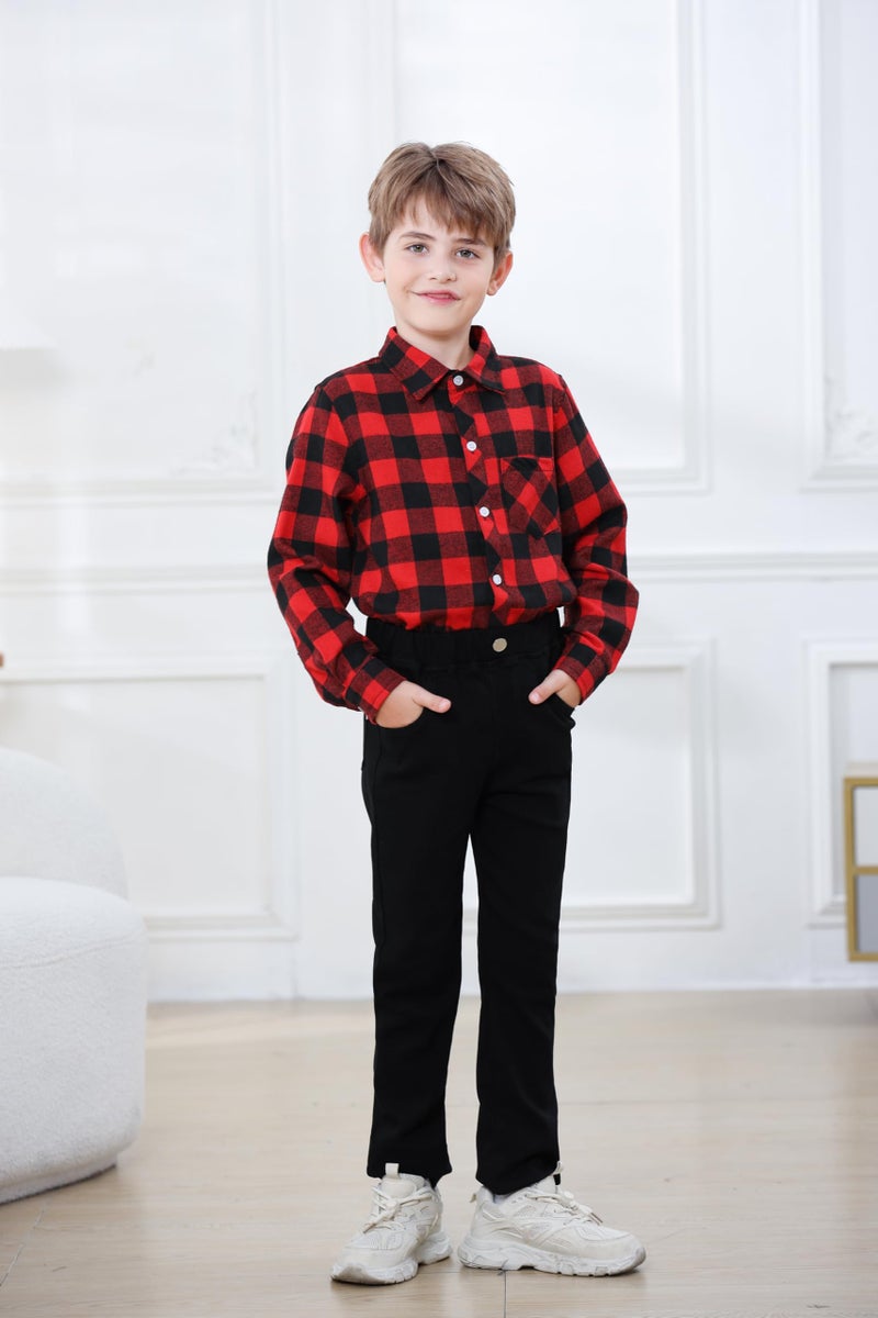 Betusline Kids Toddlers Little & Big Boys Girls Plaid Button Down Long Sleeve Flannel Shirt Tops, Flannel# Red + Black, 3-4 Years = Tag 110 - Image 3